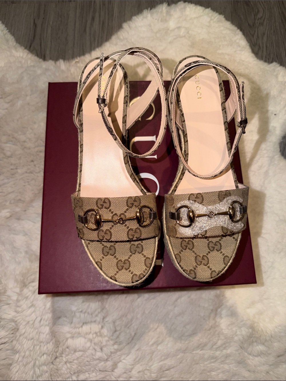 Gucci Brown Monogram Horsebit Ankle-Strap Sandals